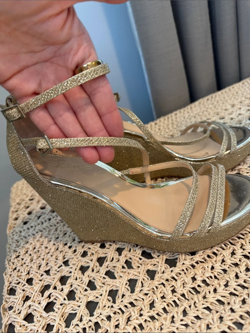Badgley Mischka Metallic Gold Wedge Sandals with Ankle Strap